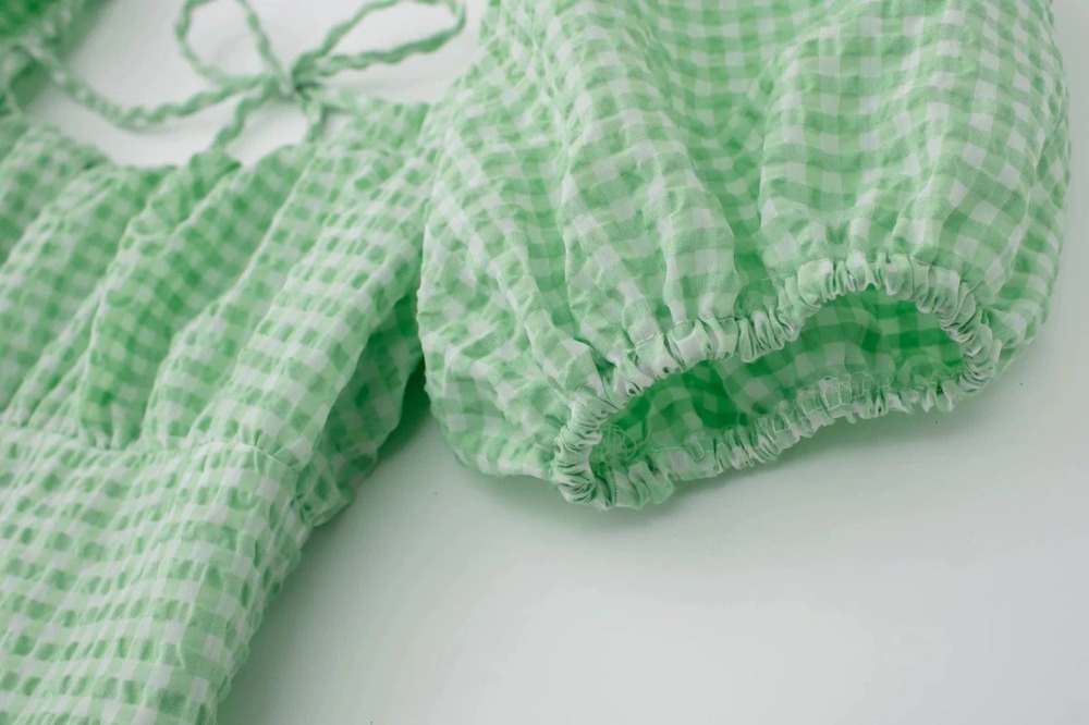 Green Gingham Textured Short Sleeve Dress